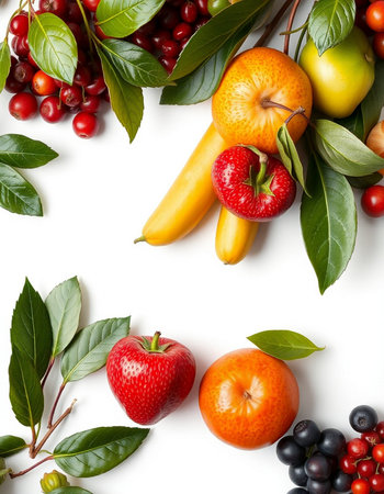 Fruits and berries isolated on a white background. Top view.