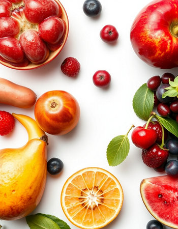 Fruits and berries on white background. Flat lay, top viewの写真素材