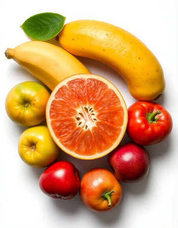 Fresh fruits and vegetables isolated on white background. Flat lay, top viewの写真素材
