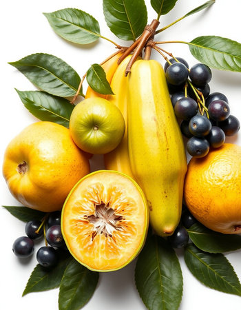 Fruits and vegetables on a white background. View from above.の写真素材