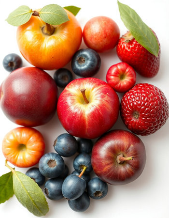 fresh fruits on a white background, top view, close-upの写真素材