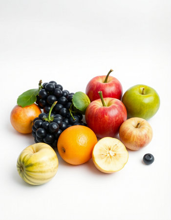 Fruits isolated on a white background. Apples, grapes, orangesの写真素材