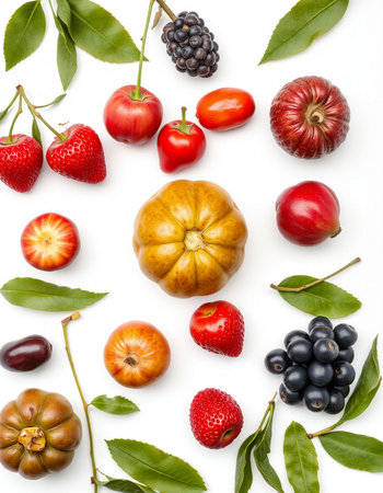 Various fruits and berries on white background. Flat lay, top viewの写真素材