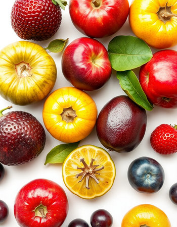 Fruits and berries on white background. Flat lay, top viewの写真素材