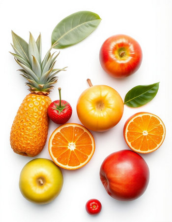 Fresh fruits isolated on white background. Healthy food concept. Top view.の写真素材
