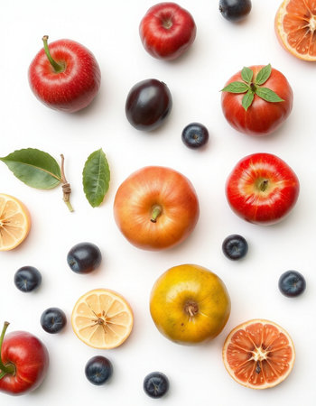 Fruits and berries on white background. Flat lay, top viewの写真素材