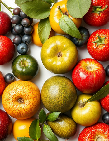 Colorful fruits and berries on a white background. Top view.の写真素材