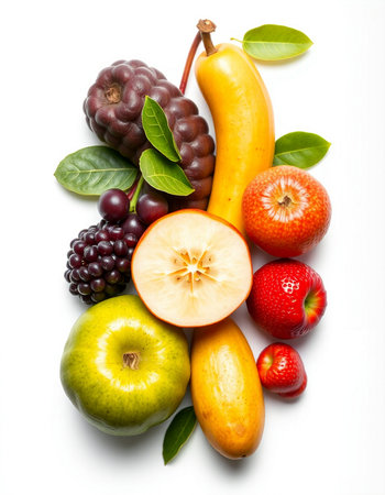 Fresh fruit isolated on white background. Healthy food concept. Top view.