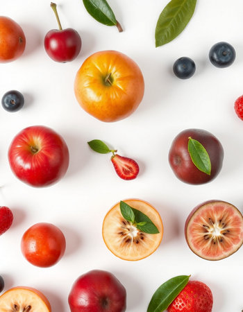Fruit pattern of different fruits on white background. Flat lay, top view