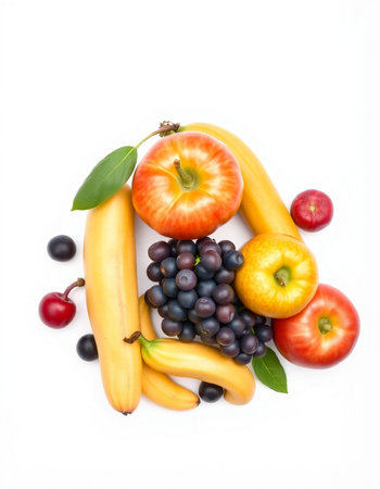Fresh fruits isolated on white background. Healthy food concept. Top view.
