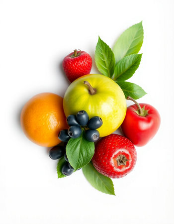 Fruits and berries isolated on a white background. Top view.