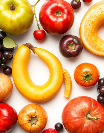 Fruits and vegetables isolated on white background. Flat lay, top view