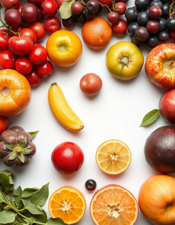 Fruits and vegetables on a white background. Top view. Flat lay.の写真素材