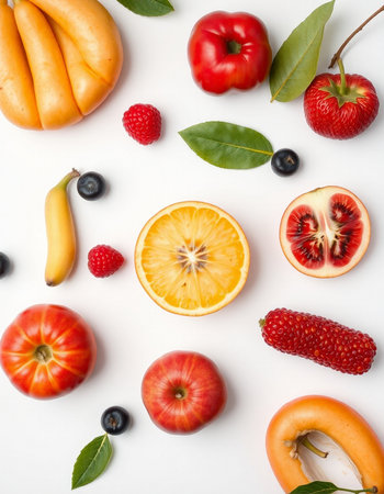 Fruits and berries on white background. Flat lay, top viewの写真素材