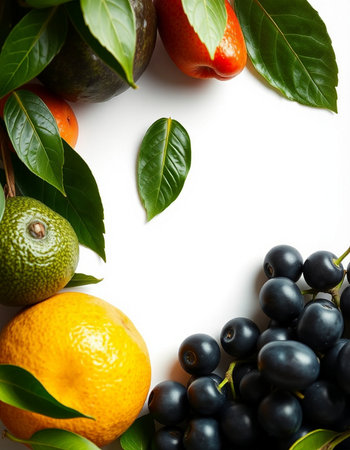 Fresh fruits with leaves and space for text on a white background.の写真素材