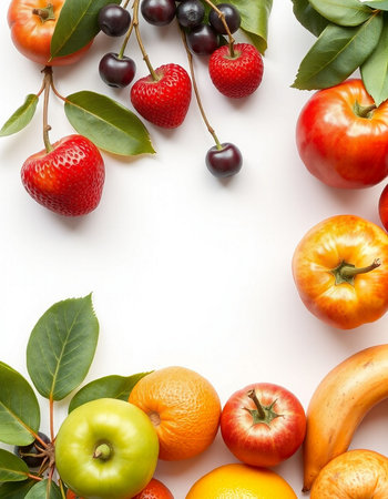 Fresh fruits and berries on white background. Flat lay, top view.