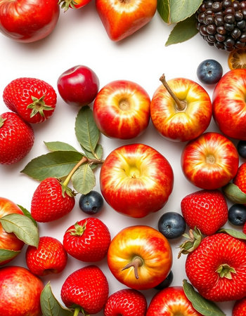 Healthy food background. Ripe fruits and berries on white background.