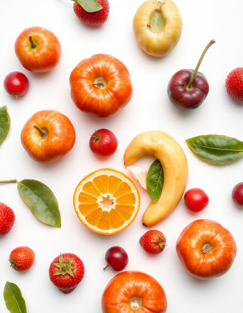 Fruits and berries on a white background. Flat lay, top viewの写真素材