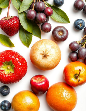 Fruits and berries on a white background. View from above.