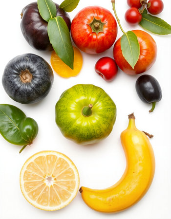 Fruits and vegetables on a white background. Healthy food concept.の写真素材