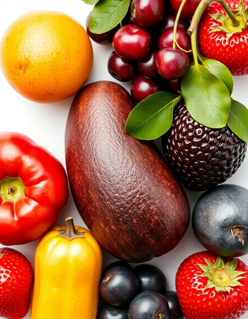 Fresh fruits and vegetables isolated on white background. Healthy food concept.