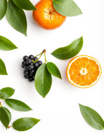Oranges and leaves isolated on white background. Flat lay, top viewの写真素材