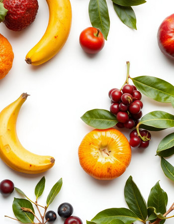 Fruits and berries on white background. Flat lay, top view