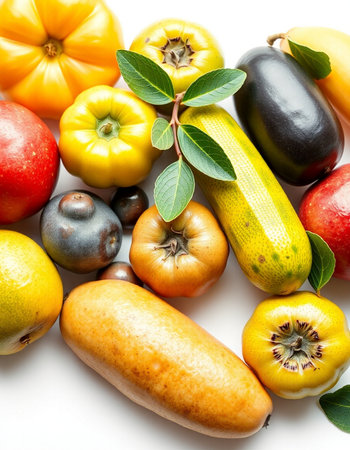 Colorful fruits and vegetables isolated on white background. Top view.の写真素材