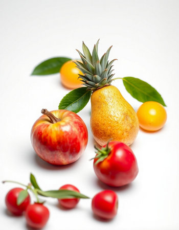 Fruits and vegetables on the white background. Healthy food concept.の写真素材