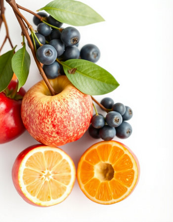 Fruits and berries on a white background. Shallow dof.の写真素材
