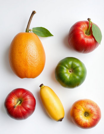 Fruits on white background. Top view. Flat lay.の写真素材