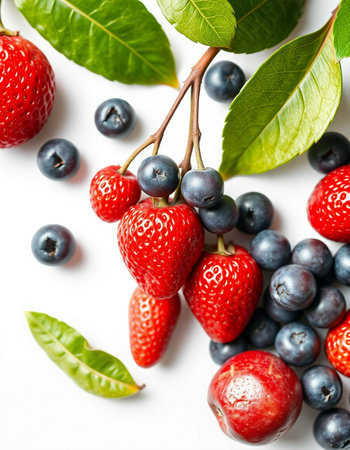 strawberries and blueberries on a white background, top viewの写真素材
