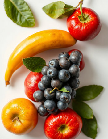 Fruits on a white background. Healthy eating concept. Top view.