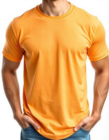 Man in orange t-shirt on white background. Mockup for designの写真素材