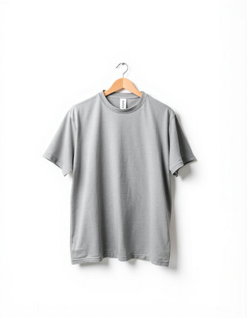 Grey t-shirt on hanger on white background. Mock upの写真素材