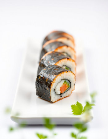 Sushi rolls on a white plate. Shallow dof.の写真素材