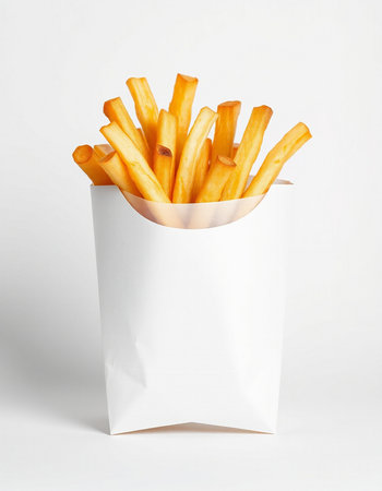 French fries in paper bag on white background. Fast food concept.