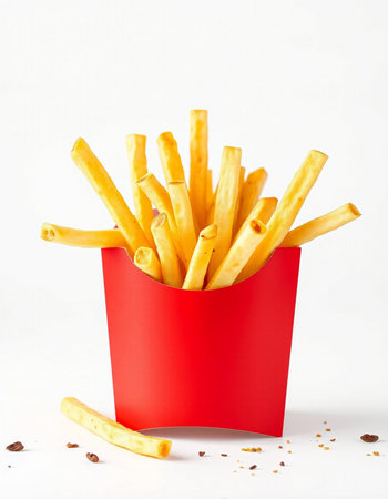 French fries in a red box on a white background, fast food