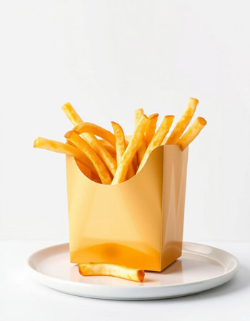 French fries in a yellow box on a white background. Fast food.の写真素材
