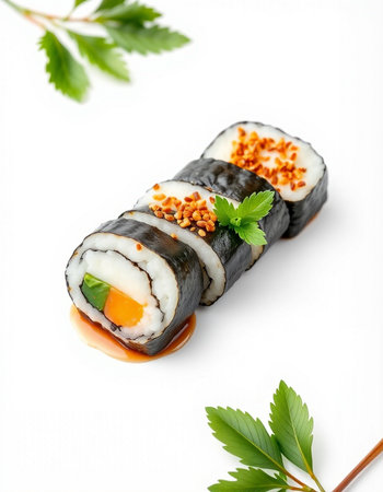 Sushi roll with salmon, cream cheese and cucumber on white backgroundの写真素材
