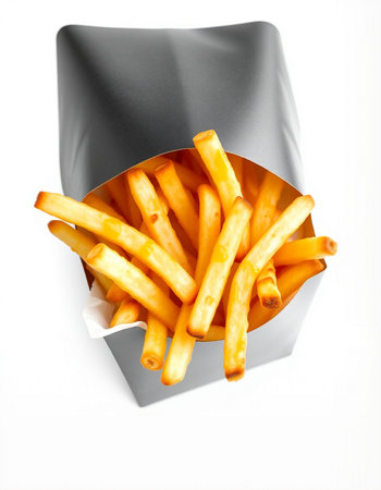 French fries in a paper bag on a white background. Isolated