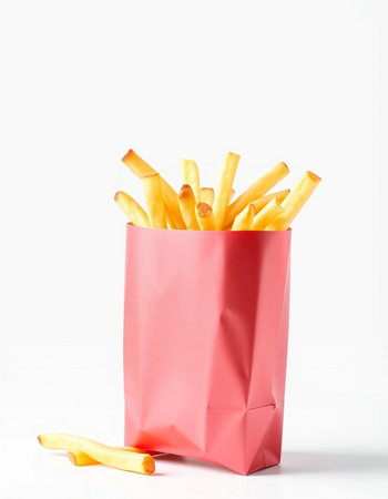 French fries in a red paper bag on a white background with copy spaceの写真素材