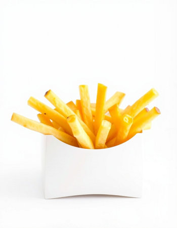 French fries in a white box on a white background. Isolatedの写真素材
