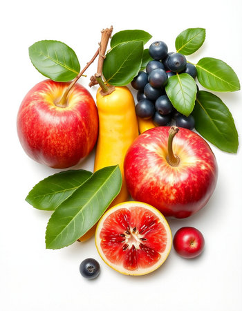 Fruits isolated on white background. Healthy food concept. Top view.の写真素材
