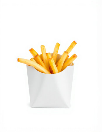 French fries in a white paper box isolated on a white background.