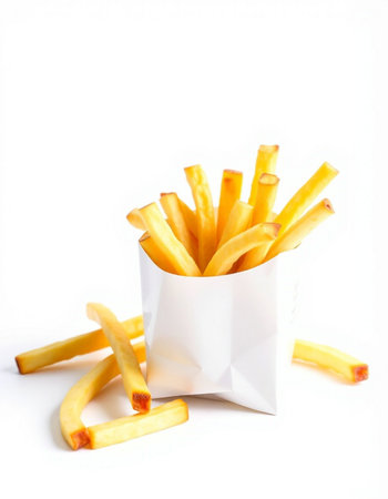 French fries in a white paper box on a white background, isolate