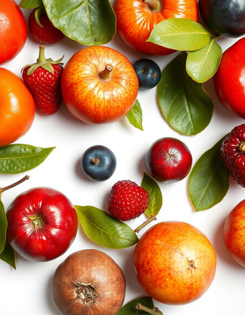 Fruits and vegetables on a white background. Flat lay, top view