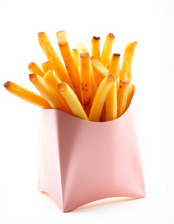 French fries in a pink box on a white background. Isolated