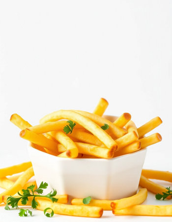 French fries with parsley in a bowl on a white background.