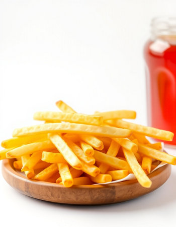 French fries in a wooden plate and a glass of juice on a white background